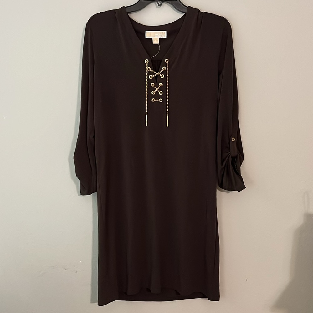 Michael Kors Brown Dress with Gold Chain Accents size Medium - Picture 2 of 6